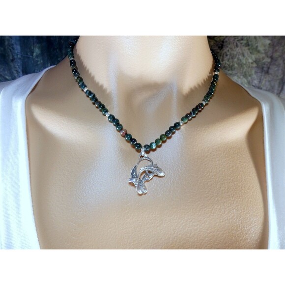 Sterling Silver Pisces Fish Bloodstone Beaded Pendant Necklace Pentagram - Picture 2 of 9